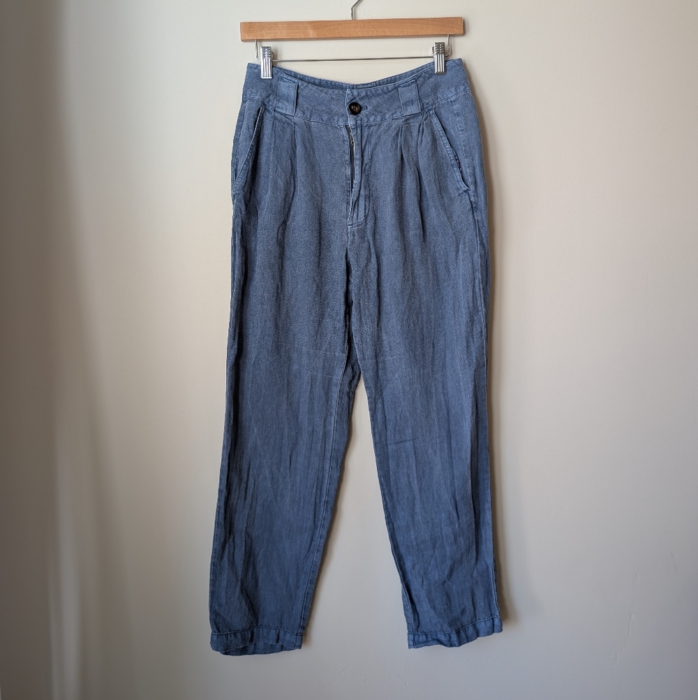 Blue Linen Pleated Crop Pants